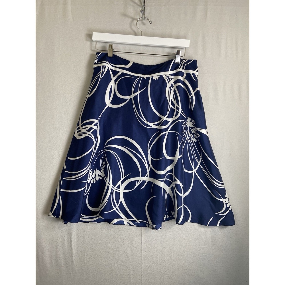 Ann Taylor 100% Silk Skirt Women Size 12 Blue White Abstract Print A-Line